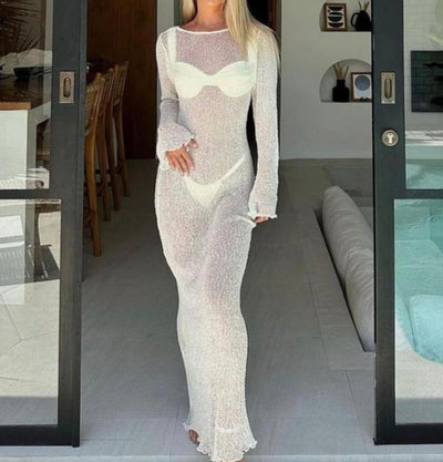 Seashell Sheer Backless Knit Maxi Dress