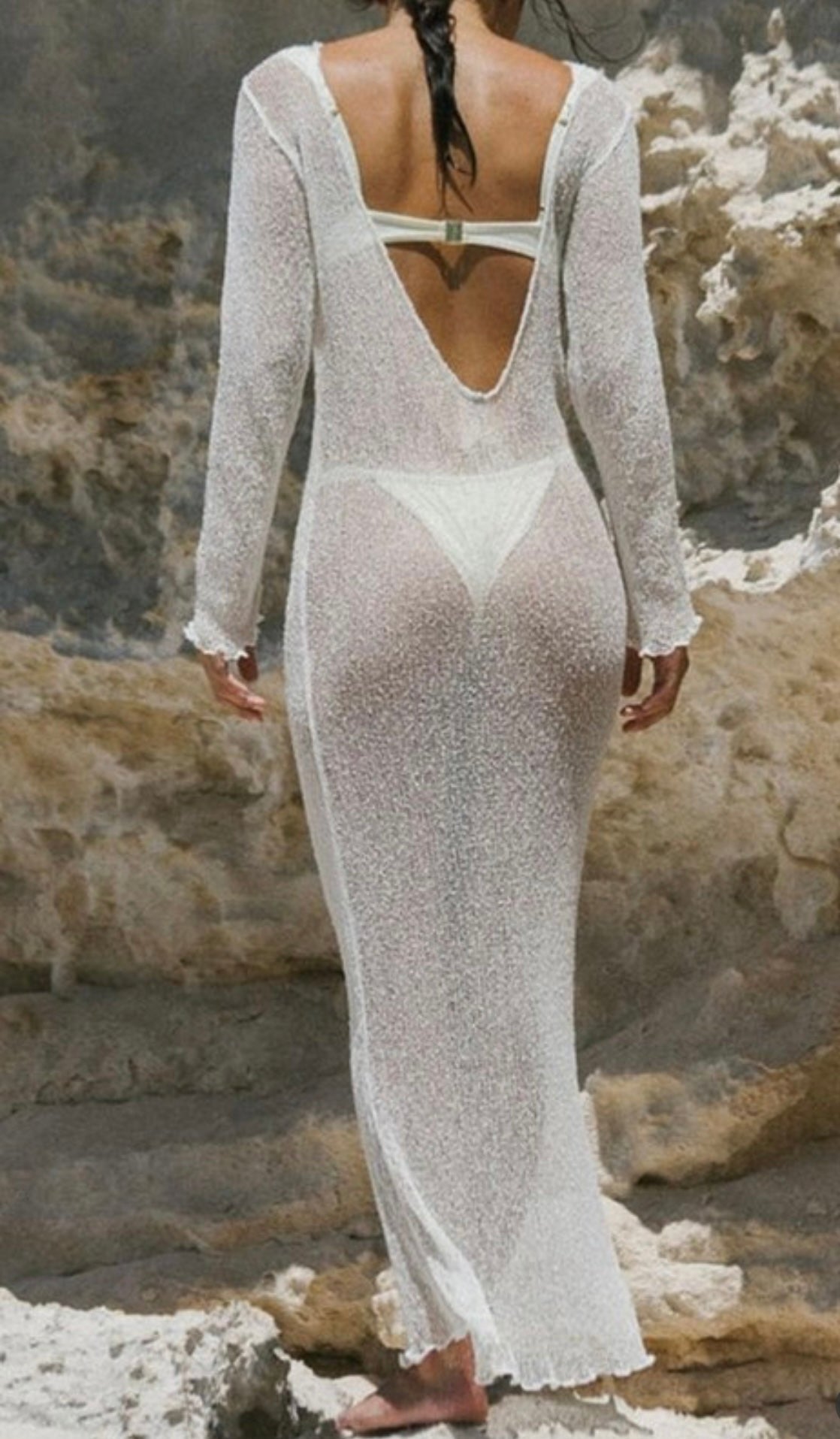 Seashell Sheer Backless Knit Maxi Dress