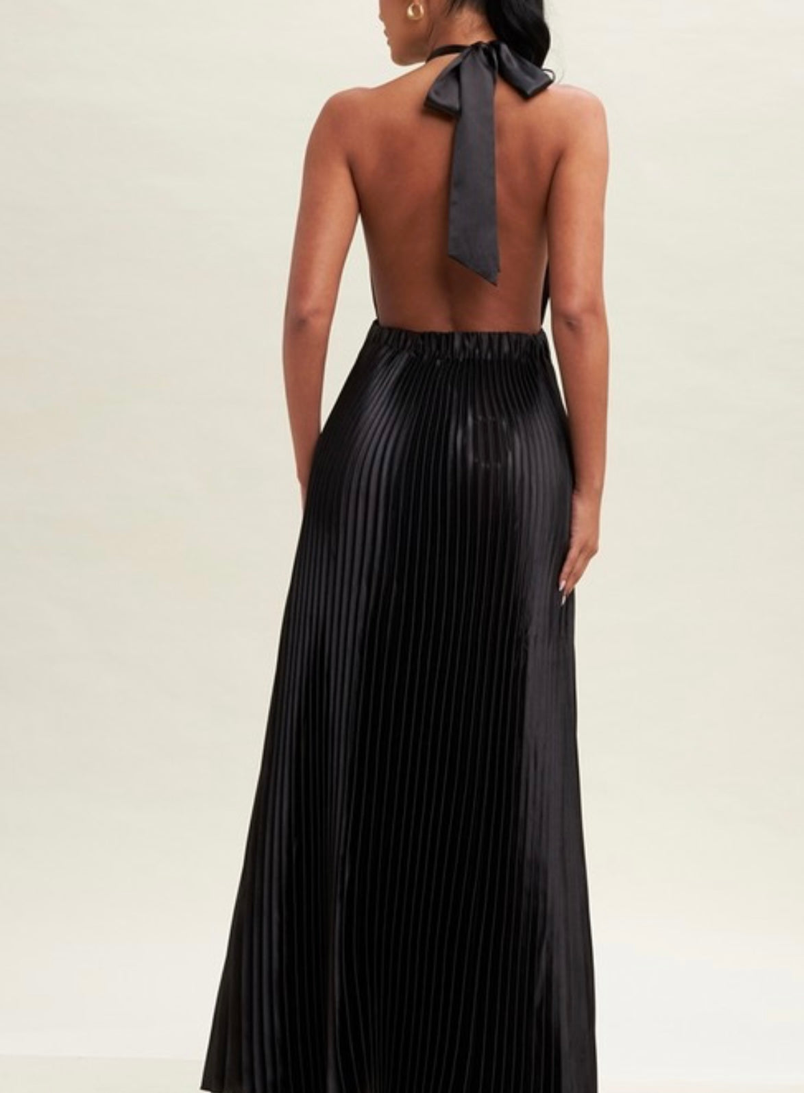 Beautiful Black Satin Pleated Halter Dress