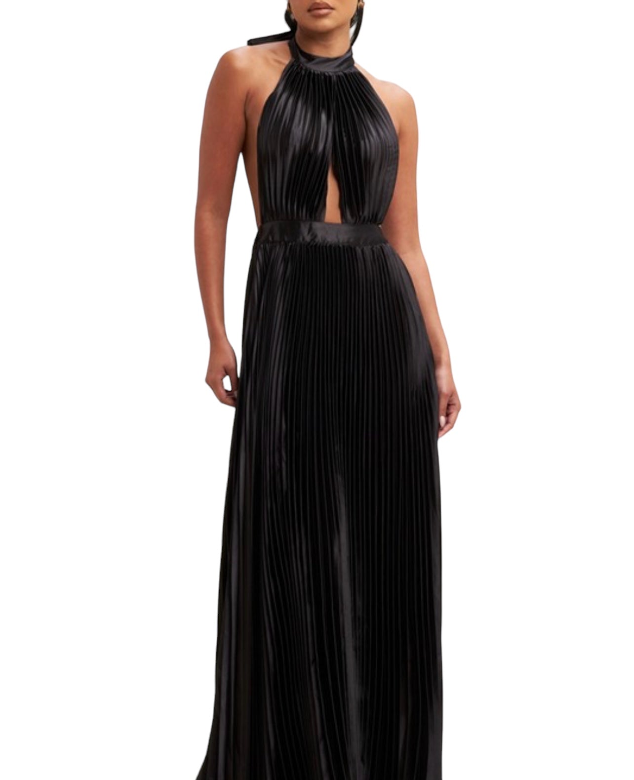 Beautiful Black Satin Pleated Halter Dress