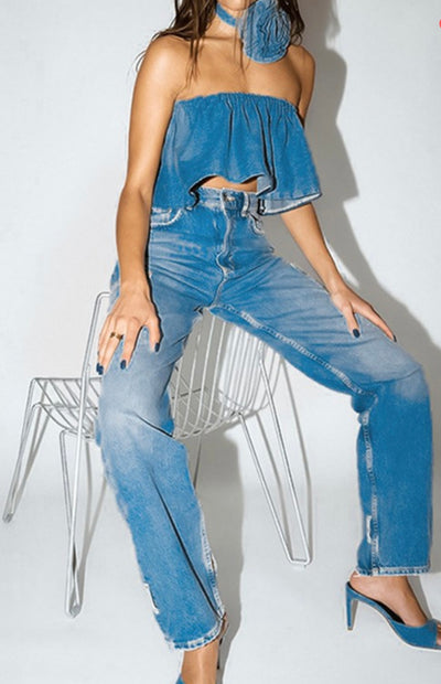 Denim Crop Top and Flower Choker